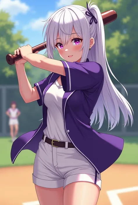 white hair 、Purple Eyes、girl、single ponytail、High school student、baseball player、Summer white bottom purple short sleeve coat、a baseball、bat strike