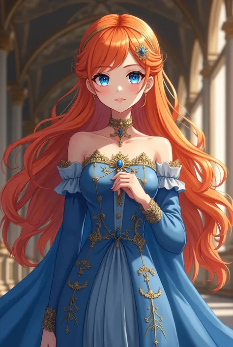 The lady was about , orange hair, blue eyes, wearing a blue aristocratic dress. anime characters
