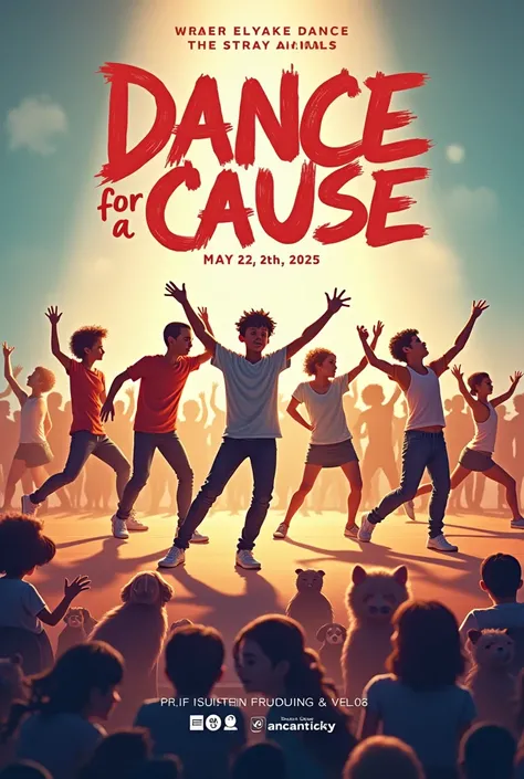 Create poster , for dance competition, title Dance For A Cause, with subtitle A State Level Dance Competition, group of boys and girls dance on stage, street style dance, group dance, doing strong and agressive dance style, clasical dance style, dance for ...