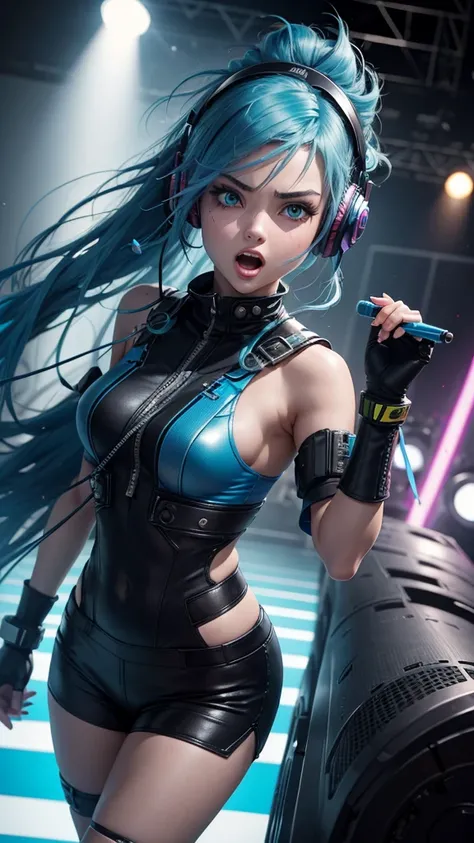 Cyberpunk edgerunner anime style. foreground de la cara de una chica de unos 25 años con el pelo azul y unos auriculares de diadema que canta mirando a la cámar con un micrófono. futuristic clothing.It seems like he is shouting while singing. On a concert ...