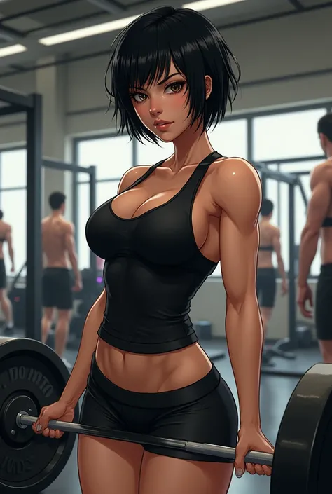 Une illustration réaliste de Mikasa Ackerman, une jeune femme athlétique avec des cheveux noirs coupés court et des yeux perçants, dans une salle de gym. Elle porte un débardeur noir et un short de sport, ses muscles bien définis reflétant sa force et sa d...