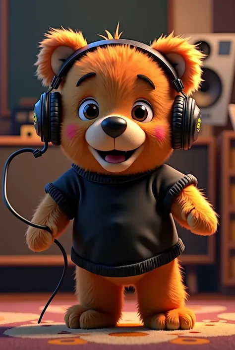 one teddy bear, with headphones from ear, A music studio in the background, Pixar-style image, 3D animated movie style, Disney, black tee