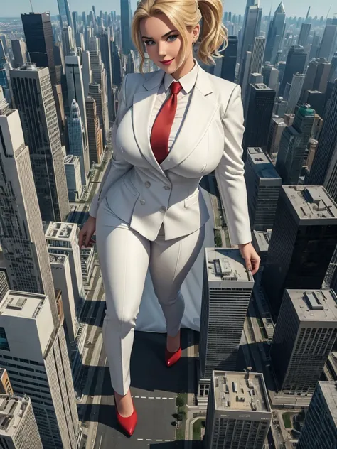 8k Wallpaper, highly detailed, with two sexy lesbian giantess towering over a tiny city, perfect face, two women the first in a pinstripe suit and tie the other in a wedding dress, Attack of the 5000 foot woman, giant woman, tiny city,  modern city, young ...