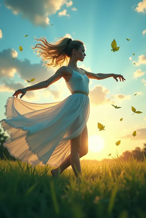 Wallpaper of the vala nessa, supernatural dress, action shot, ethereal goddess, graceful ballet dancing across a meadow, she is a silhouette against the sunset, a supernatural goddess with leaves swirling around her on the wind in whimsical circles, green ...