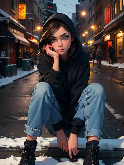 a pretty brunette, 2, wearing a black hoodie and blue jeans, sitting on a snowy sidewalk, pensive and slightly sad expression, detailed facial features, detailed eyes and lips, complex urban background, fancy lighting, film composition, realistic photo, hi...