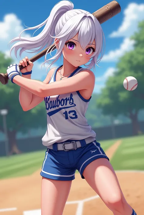 white hair 、Purple Eyes、girl、single ponytail、High school student、baseball player、summer baseball apparel、、shorts、a baseball、bat strike