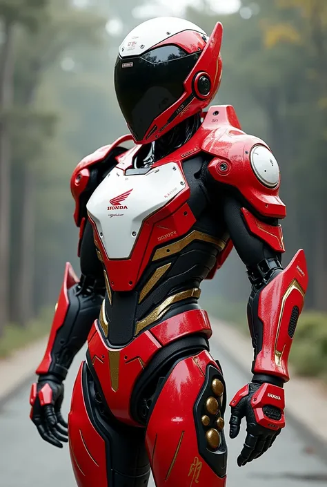 "Full body futuristic samurai warrior, Armor inspired by Honda&#39;s racing bikes. Red and white colors, Gold and black details. Honda logo on chest, A design that combines traditional Japanese elements with advanced technology. A helmet with a visor that ...