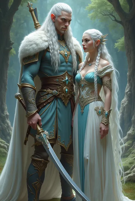 A tall, muscular male elf with ice blue eyes and long silver braided hair with an elven-made bow and arrow behind him and a long elven-made sword in his hand, wearing diamond-detailed  clothing.show your all bodyyand 2 man .and next to  princess of moonlig...