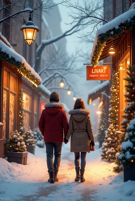 A couple walking down a city street in winter with the streets and shops decorated with Christmas decorations