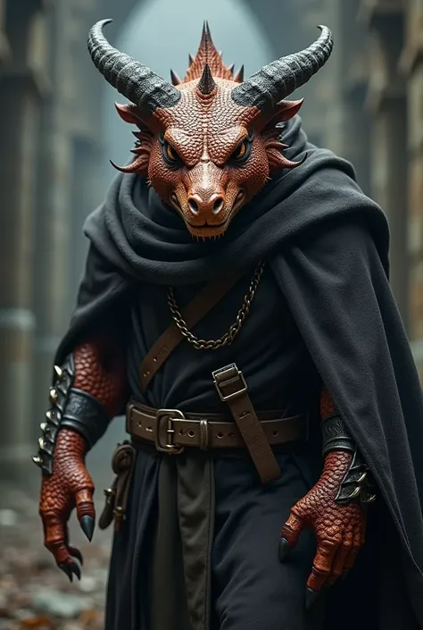 A large copper dragonborn with feral eyes, a sharp snout and a black, spiny Dungeons jowl & Dragons, medieval fantasy, dressed as an acolyte in shades of black and gray, heretic hunter. 