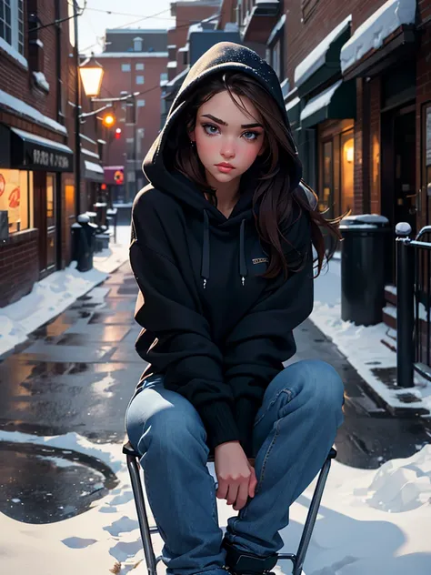 a pretty brunette, 2, wearing a black hoodie and blue jeans, sitting on a snowy sidewalk, pensive and slightly sad expression, detailed facial features, detailed eyes and lips, complex urban background, fancy lighting, film composition, realistic photo, hi...