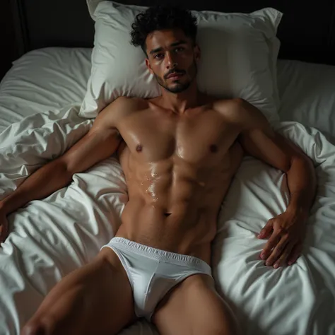 1Man, ((male))heaty skin, masterpiece, best quality, 2 hansom man, (mixed reace), handsome man in the world, an attractive 2mans 22-24 aesthetic, lying in bed shirtless, sexy, mostly nude, bottom half of body covered with a sheer bed sheets, silk satin bed...