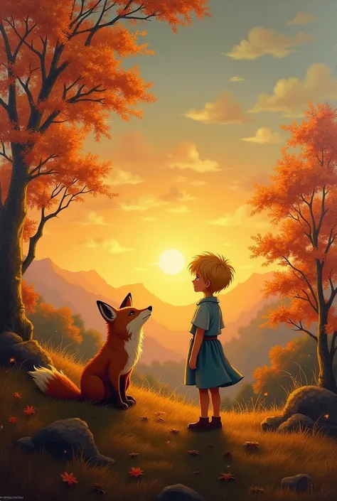 An oil on canvas painting of the Little Prince and his pet, the fox, contemplating the twilight, final de tarde, on an autumn day, cinematic image, stunning landscape, hyper realism, work of art, shadow and light
