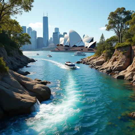 Hyper-realistic best photo,Live River Flowing Through a shiny beautiful Wall in shiny beautiful colorful Sydney, Australia: Imagine a scenic waterfront area in Sydney where a live river flows out from a sandstone wall near the iconic Sydney Opera House. Th...