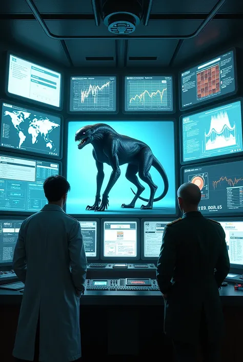 a control room a lot of screens. An east screen showing images of an alien creature Physical appearance: - Elongated and muscular body, similar to a feline or reptile - Large, rounded head, with large, piercing eyes - Powerful jaw with sharp teeth and prom...