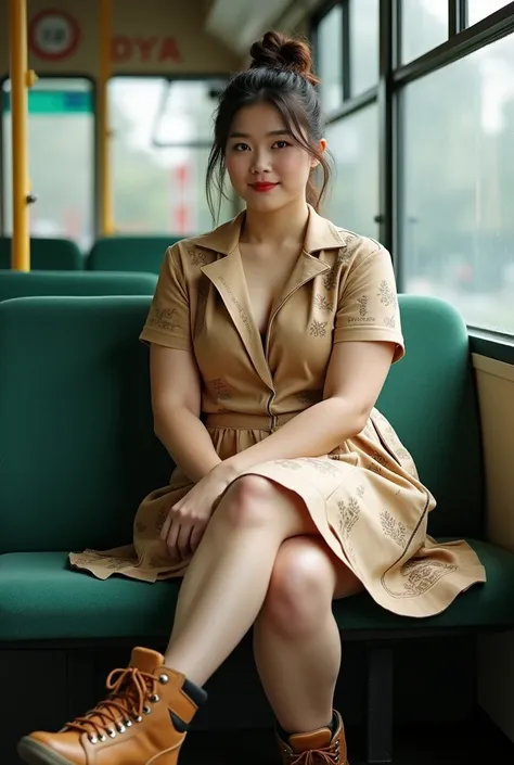 On the weekend
.
.
Photography of a beautiful Taiwanese woman((curvy))((chubby))(20 tahun),half bun hair, wearing a cardboard dress, sepatu bot hiking coklat, sit on the bus seat