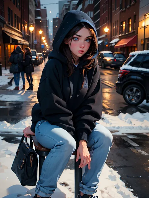 a pretty brunette, 2, wearing a black hoodie and blue jeans, sitting on a snowy sidewalk, pensive and slightly sad expression, detailed facial features, detailed eyes and lips, complex urban background, fancy lighting, film composition, realistic photo, hi...