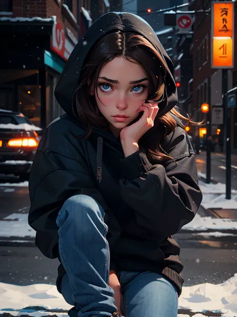 a pretty brunette, 2, wearing a black hoodie and blue jeans, sitting on a snowy sidewalk, pensive and slightly sad expression, detailed facial features, detailed eyes and lips, complex urban background, fancy lighting, film composition, realistic photo, hi...