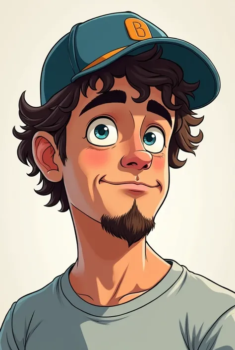 beautiful man wearing baseball cap, curly brown hair with white streaks on the back of his head, goatee, caucasian, blue eyes, cartoon, baggy t-shirt