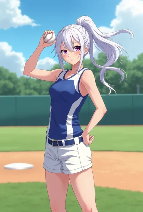 white hair 、Purple Eyes、girl、single ponytail、High school student、baseball player、Formal Baseball Tops、shorts、a baseball、Right arm swing pitch