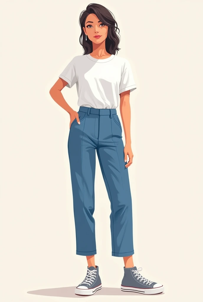 Show me in an illustration. 
A white women&#39;s shirt, I don&#39;t want long sleeves + a gray high top all star + a pair of women&#39;s tailored pants, already in blue