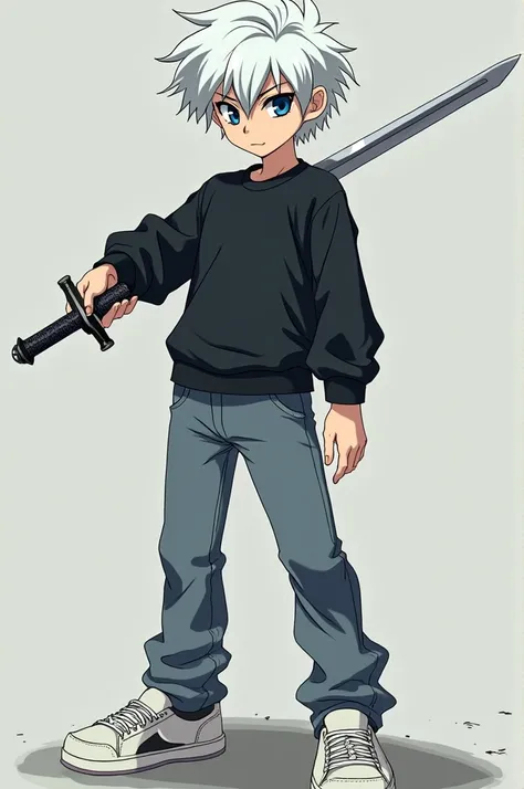 A teenager with white hair and blue eyes and wearing a black sweatshirt and gray jeans and white shoes, looking forward with a sword (アニメ)