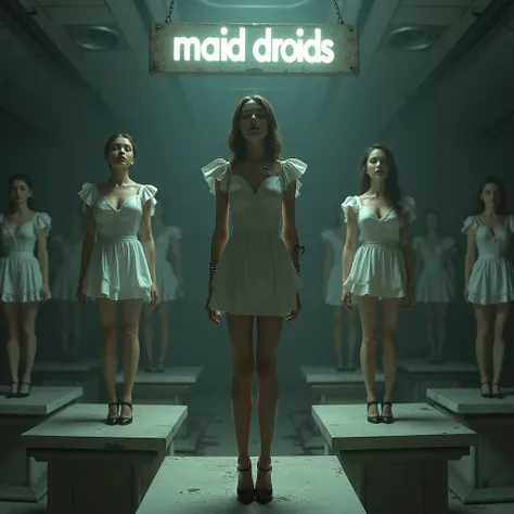 in an abandoned room of a spaceship, There is a beautiful young European woman with her eyes closed and she is standing on a pedestal., in heels and maid outfit with sexy accessories, The woman has a barcode tag on her arm., Nearby are other women standing...