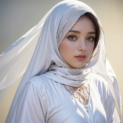 a close up of a woman in a white dress and veil, white hijab, a beautiful woman in white, wearing white silk hood, wearing translucent veils, hijab, wearing a veil, inspired by Nazmi Ziya Güran, inspired by Francisco de Burgos Mantilla, white scarf, muslim...