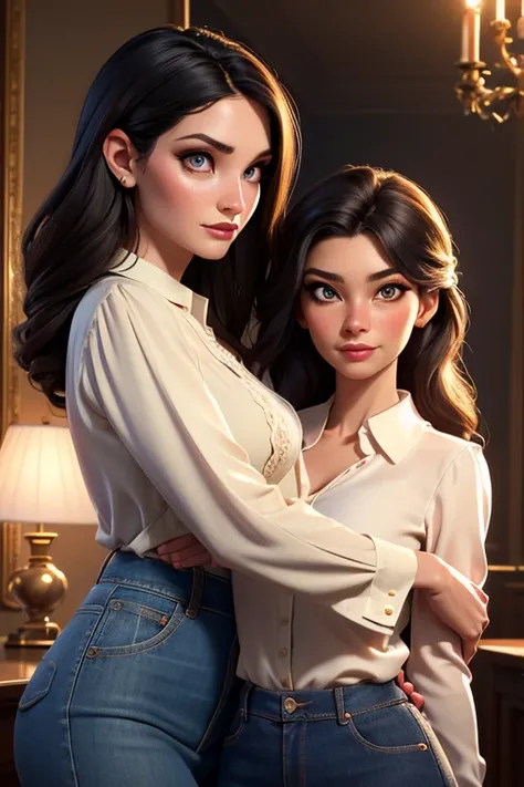 2 beautiful women, mother and daughter, extremely detailed faces and eyes, long eyelashes, flawless skin, elegant hairstyles, gorgeous makeup, mother in sexy blouse and skirt, daughter in shirt and jeans, warm soft lighting, cinematic composition, dramatic...