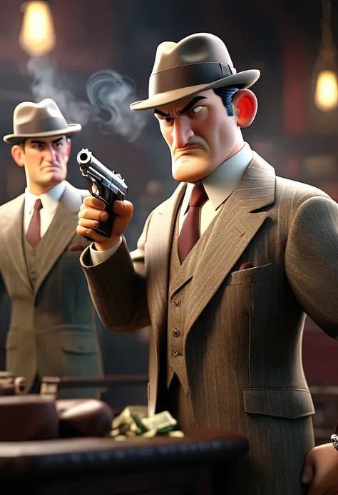 realistic 1940s american prohibition era, mafia vs fbi, action packed dramatic cinematic scene, dark moody lighting, highly detailed, intricate architectural background, ambient smoke atmosphere, chiaroscuro lighting, dramatic camera angles, dynamic pose a...