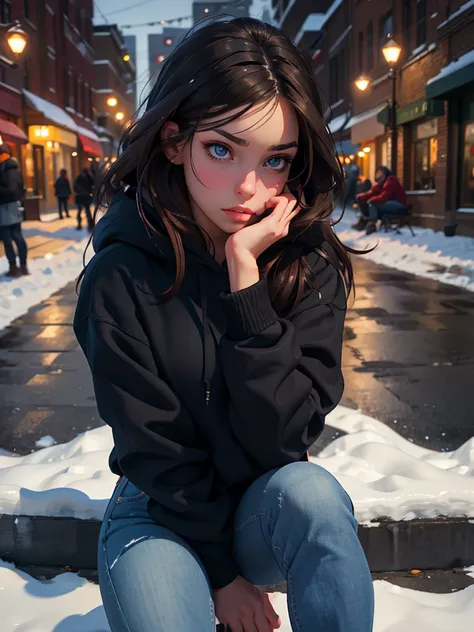 a pretty brunette, 2, wearing a black hoodie and blue jeans, sitting on a snowy sidewalk, pensive and slightly sad expression, detailed facial features, detailed eyes and lips, complex urban background, fancy lighting, film composition, realistic photo, hi...