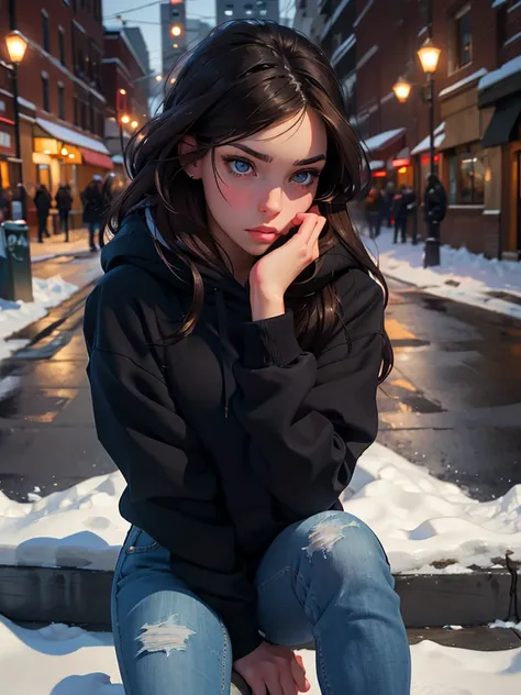 a pretty brunette, 2, wearing a black hoodie and blue jeans, sitting on a snowy sidewalk, pensive and slightly sad expression, detailed facial features, detailed eyes and lips, complex urban background, fancy lighting, film composition, realistic photo, hi...