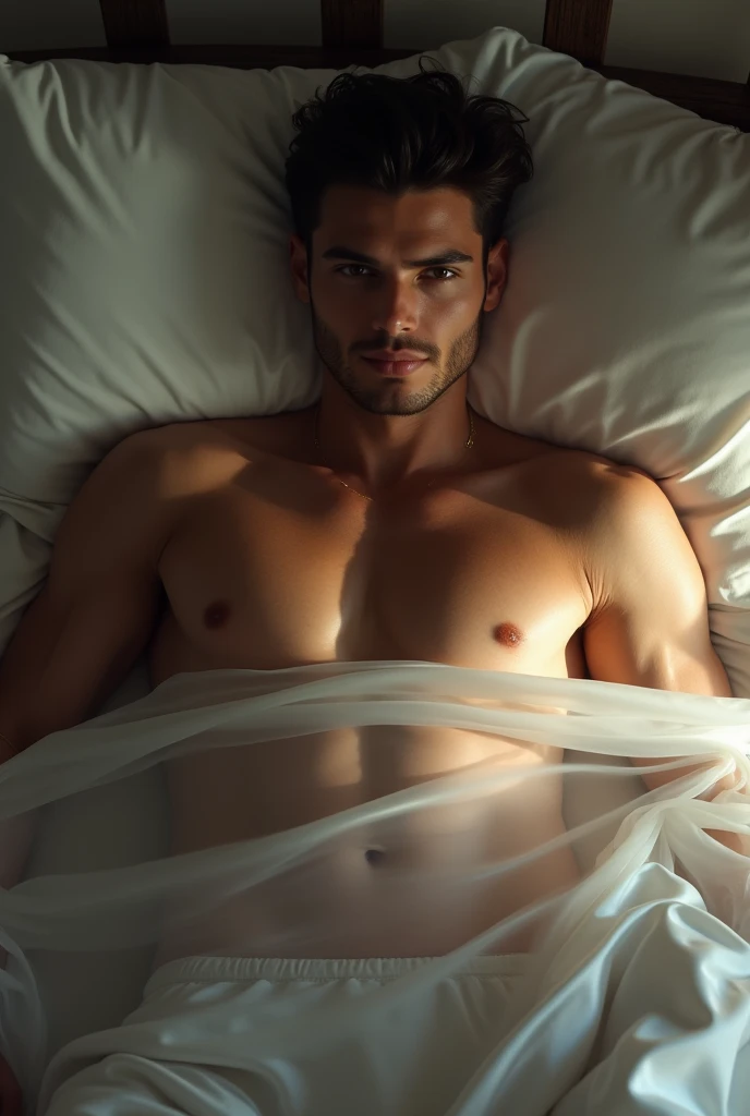 1Man, ((male))heaty skin, masterpiece, best quality, 2 hansom man, (mixed reace), handsome man in the world, an attractive 2mans 22-24 aesthetic, lying in bed shirtless, sexy, mostly nude, bottom half of body covered with a sheer bed sheets, silk satin bed...