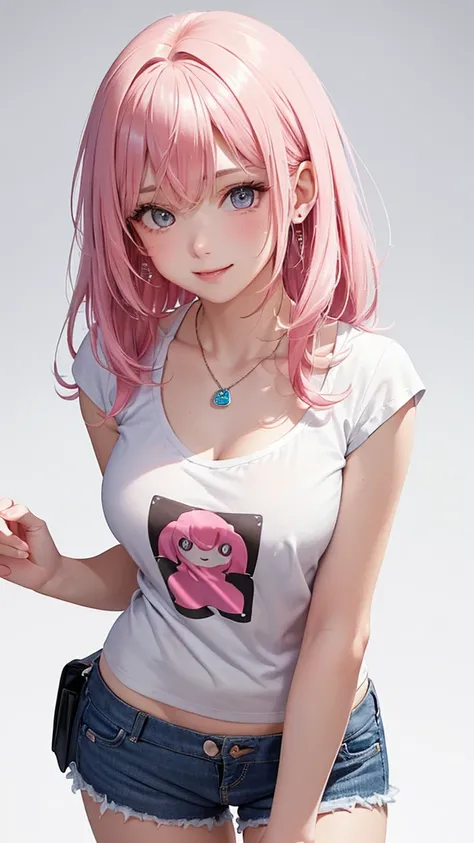 Best Quality,High resolution,8k,(plain white background, no patterns, no textures, just a plain white background:1.3),Masterpiece:1.2),beautiful girl,Shiny pink hair,messy hair,Pink eyes,oversized graphic tee with a simplel design, paired with pre-ripped b...