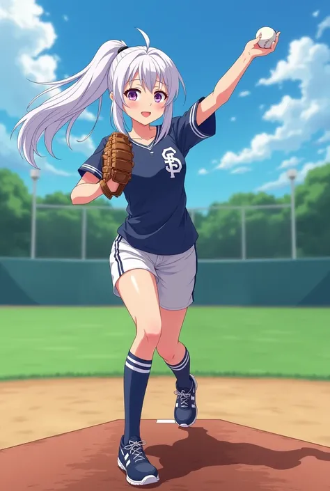 white hair 、Purple Eyes、girl、single ponytail、High school student、baseball player、Formal Baseball Tops、shorts、a baseball、Right arm swing throw