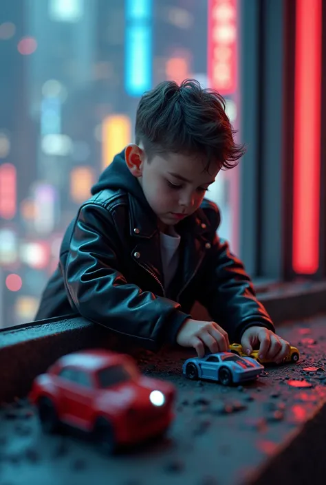 A boy plays with his toy cars. in a black leather jacket looks at the viewer.1.4,on a deep balcony,Cyberpunk city in the distance,Cyberpunk colors,neon,a high resolution,8 K,masterpiece,(Best quality,4K,8 K,a high resolution,masterpiece:1.2),Ultra detailed...