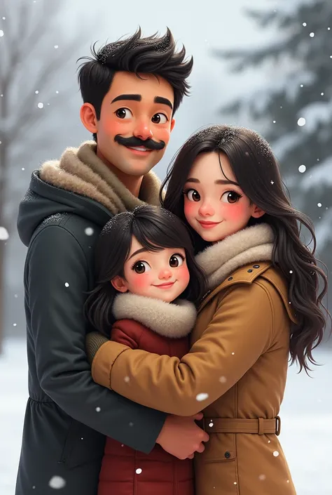 mustacheless husband with wife and one black-haired girl, playing together in winter together, in winter clothes facing the camera..