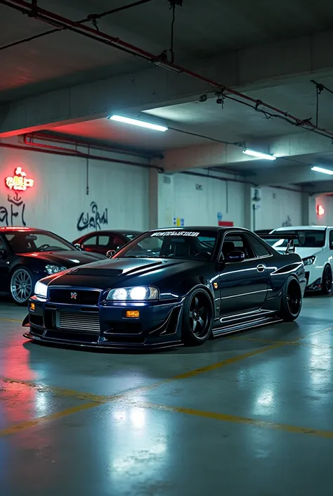 Gtr r34 slammed  with other jdm cars underground