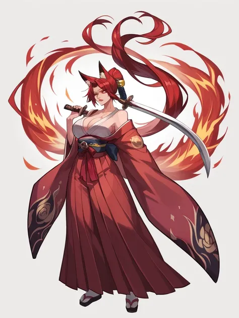  8K Best quality Masterpiece Long red ponytail Red fox ears Nine fox tails Very large breasts Red eyeshadow on lower eyelids Five fingers Alluring Japanese style Kimono Wearing a red jacket Long hakama Toned body Flame hell Red burning Japanese sword Fight...