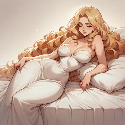 Beautiful woman 2, not very high, long curly light blonde hair, Thin waist, big , well-shaped and large hips. She and a thin  are resting on a bed.