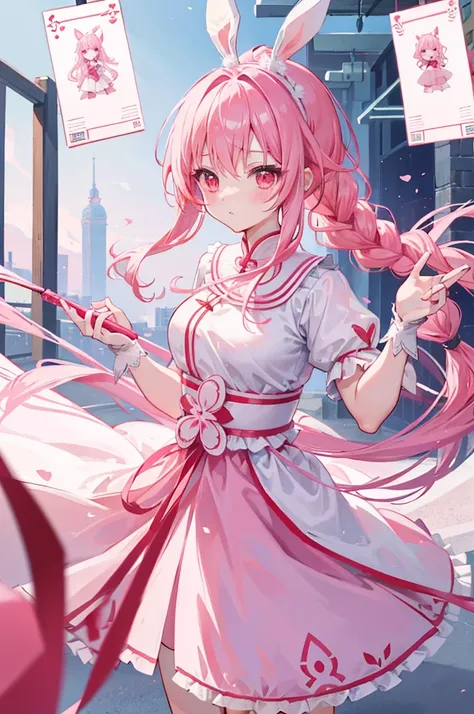 Sakura pink hair，red eyes，single ponytail，A braid，tied up hair，long hair，curls，mage，White and pink princess dress，White，holding magic wand，passionate，Epic，poster，cute，blush，high quality，4k，one person，white rabbit ears