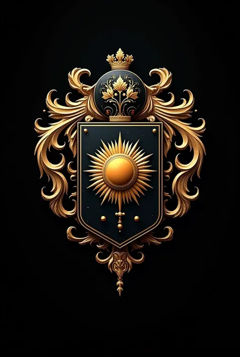 Family coat of arms with a Central motif of a half sun and half rose flower design.design. elegant and intricate finish.majestic and modern aesthetics.hd vector.black background 