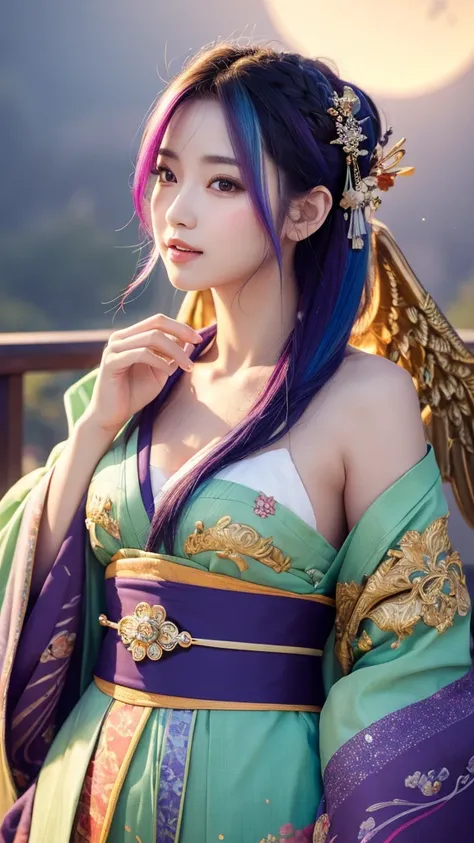 ((masterpiece)), ((Highest quality)), (Beautiful woman portrait), Eye for perfect detail, Face in perfect detail, Very elaborate nose, Open your mouth, Radom Color Shorts, A dress like a kimono,Angel Wings,Perfect Teeth, Exposing shoulders, Charm, Perfect ...