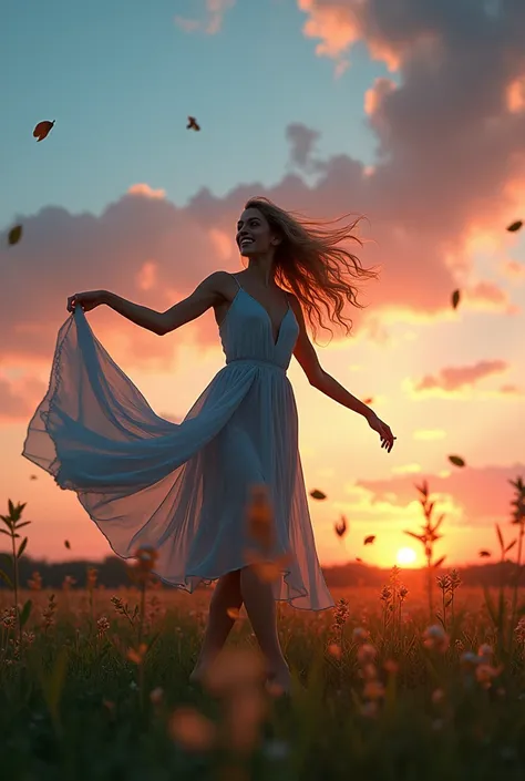 Wallpaper of the vala nessa, supernatural dress, action shot, ethereal goddess, graceful athletic ballet dancing across a meadow, she is a silhouette against the sunset, a supernatural goddess with leaves swirling around her on the wind in circles, green m...