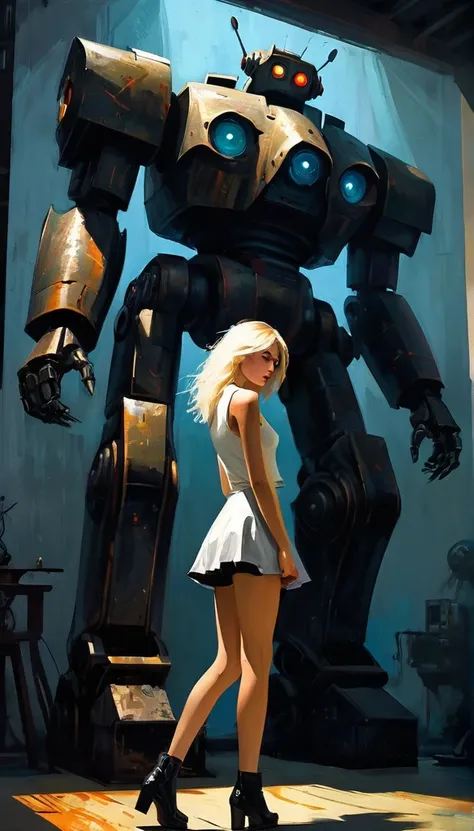 gothic punk sexy girl in love with robot giant monster (inspirational art by Dave McKean and Bill Sienkiewicz, oil painting, details of brush strokes that enhance depth) (best quality,4k,8k,highres,masterpiece:1.2),ultra-detailed,(realistic,photorealistic,...