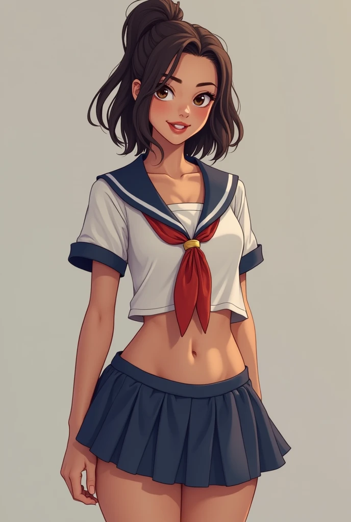 Create a girl with a very developed body and a very low-cut elementary school uniform 