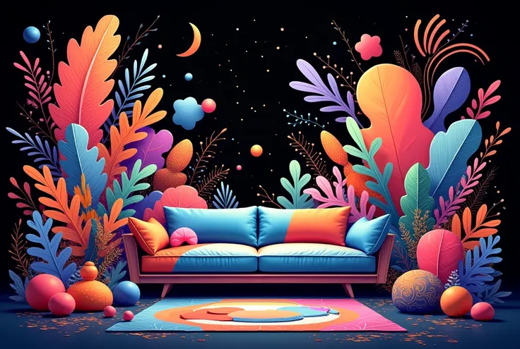 Create a banner for a living room shop, abstract and colorful that has a black background and is somewhat more lively but with a touch of realism
