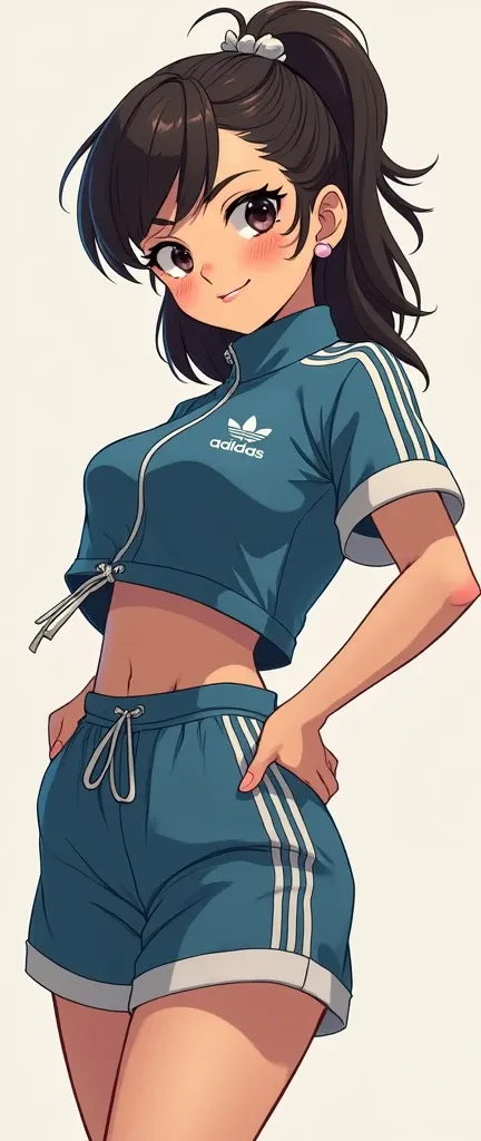 anime as she tilts her head and lets out dirty remark expression as she is swagger dressed in adidas tracksuit giving her freedom to move with both agility and swagger