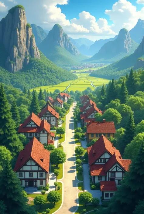 Create an image of a charming village with four streets. The village features a mix of new and old houses. To the left, majestic mountains rise, while lush fields extend to the right. A road leads out towards a distant city. The village is encircled by tal...