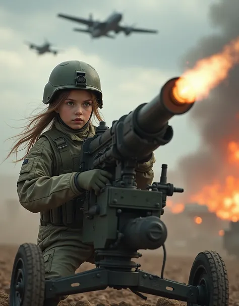 (photorealism:1.2), girl with cannon, Air Defense Artillery. battle. attack to combat plane